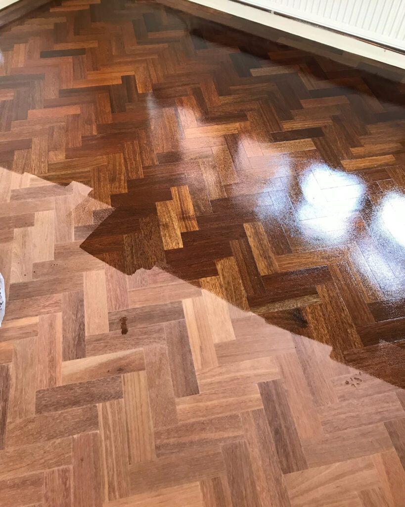 Image showing parquet wood flooring being refinished with a clear wood floor lacquer by Mark Antony & Sons in Kent